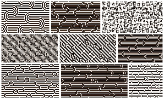 Gevoerde naadloze vectorpatronen met gedraaide lijnen, geometrische abstracte achtergronden ingesteld, gestreept net, optisch doolhof, webnetwerk.