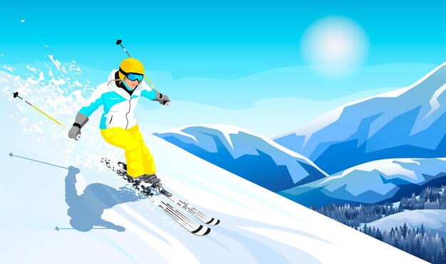 Vector gevorderde skiër glijdt in de buurt van bergafwaarts sportafdaling op ski's in bergen heuvels winteractiviteit skiën in de winter alpen wintersportresort met berglandschap vector illustratie
