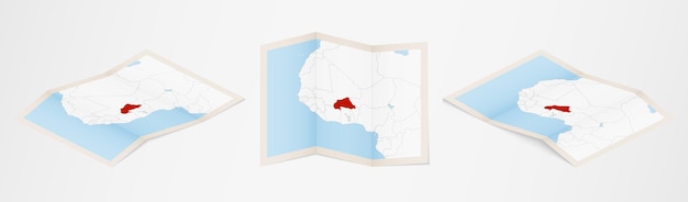 Gevouwen kaart van burkina faso in drie verschillende uitvoeringen.