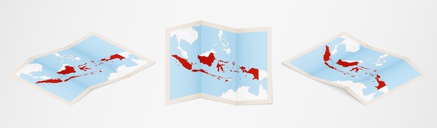 Gevouwen kaart van Indonesië in drie verschillende uitvoeringen.