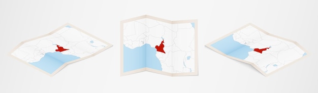 Gevouwen kaart van Kameroen in drie verschillende uitvoeringen.