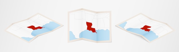 Gevouwen kaart van louisiana in drie verschillende uitvoeringen.