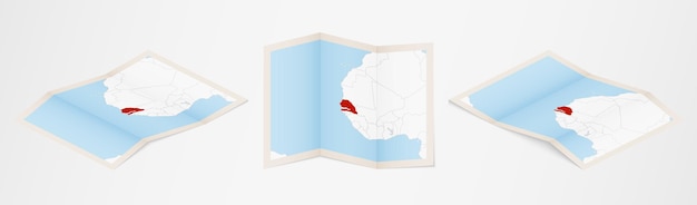 Gevouwen kaart van Senegal in drie verschillende uitvoeringen.