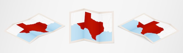 Gevouwen kaart van texas in drie verschillende uitvoeringen.