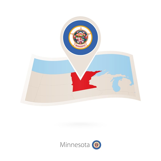 Gevouwen papieren kaart van de Amerikaanse staat Minnesota met vlagspeld van Minnesota