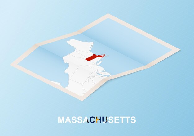 Gevouwen papieren kaart van massachusetts met buurlanden in isometrische stijl.