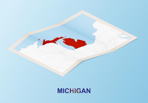 Gevouwen papieren kaart van michigan met buurlanden in isometrische stijl.