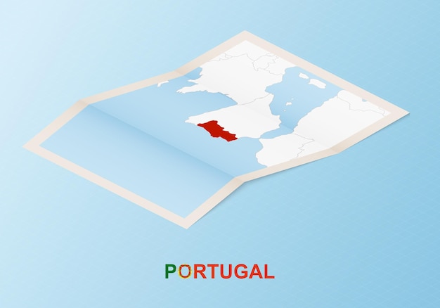 Gevouwen papieren kaart van portugal met buurlanden in isometrische stijl.