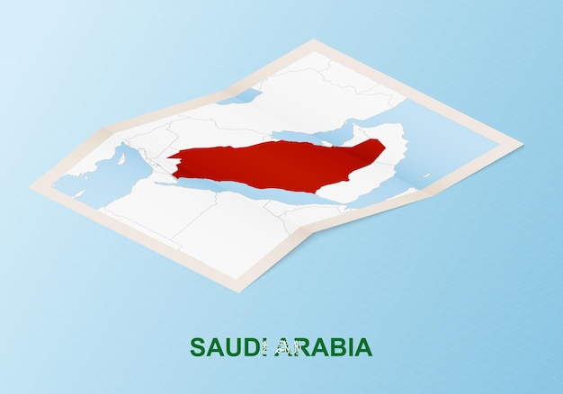 Gevouwen papieren kaart van saoedi-arabië met buurlanden in isometrische stijl.