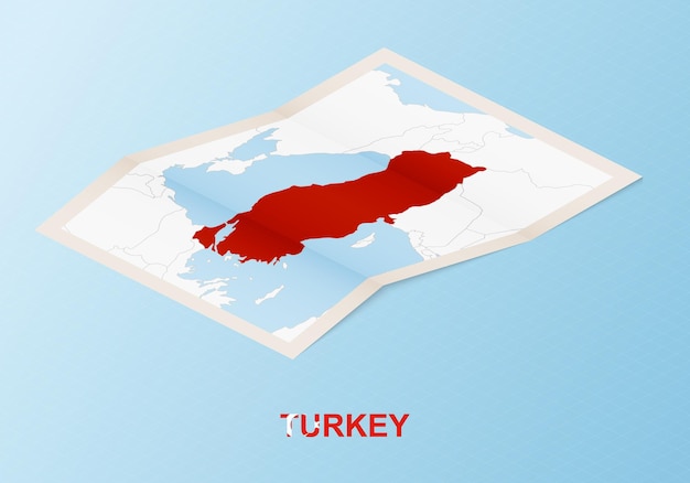 Gevouwen papieren kaart van turkije met buurlanden in isometrische stijl.