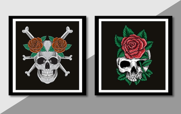 Geweldige nieuwe collectie handgetekende schedel met roos in frame