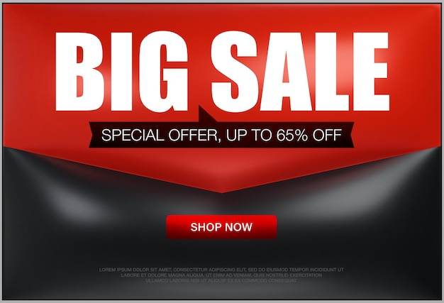 Geweldige opgeblazen moderne 3d-banner voor grote verkoopaanbiedingen en kortingen in zwarte en rode kleuren