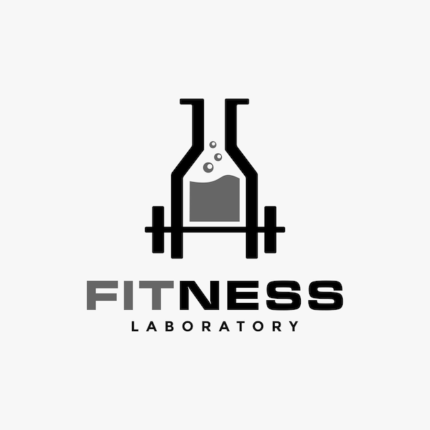 Gewichtheffen en laboratorium bekerglas fitness logo vector pictogrammalplaatje op witte achtergrond