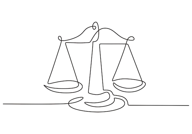 Gewichtsbalans symbool in continu één lijntekening Weegschaal of wet identiteit geïsoleerd op een witte achtergrond Schalen van Justitie getrokken uit de hand een afbeelding van het silhouet Vector illustratie