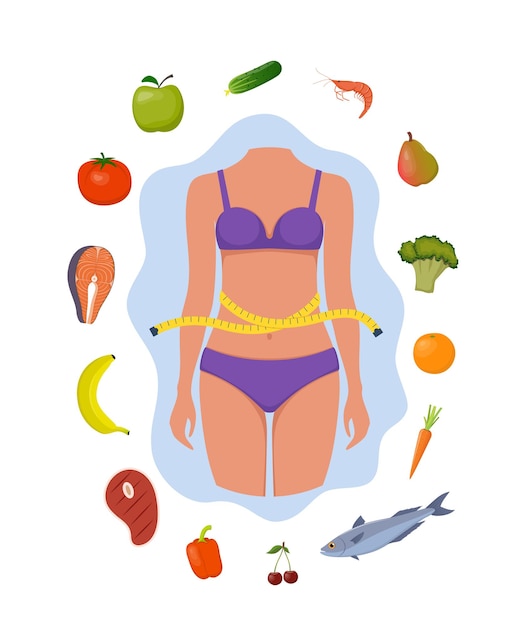 Gewichtsverlies concept Slanke vrouw lichaam in ondergoed omringd door gezonde voeding iconen