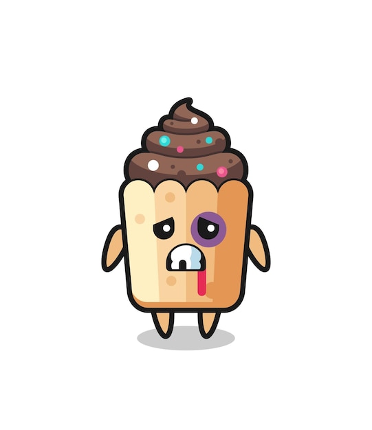 Gewond cupcake-karakter met een gekneusd gezicht schattig ontwerp