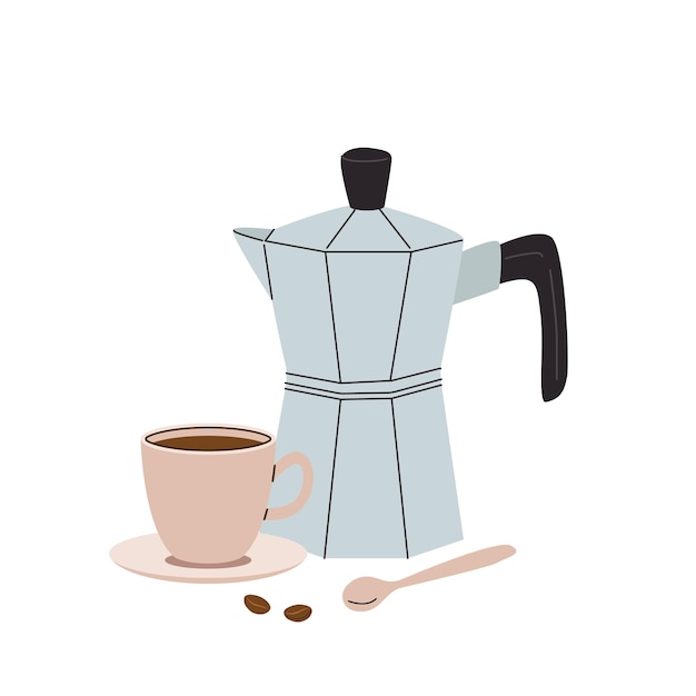 geyser coffee maker and cup vector illustration hot drink on white background
