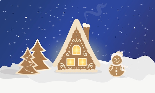 Gezellig en schattig peperkoekhuis kerstkaart poster banner vectorillustratie