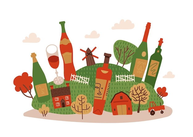 Gezellig herfstdorpslandschap met wijn drinkt enorme flessen en wijnglas tussen kleine huisjes en d...