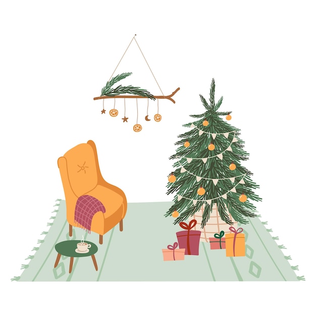 Vector gezellig interieur met kerstboom en geschenkdozen vector hand getekende illustratie