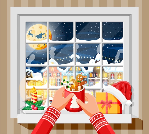 Gezellig interieur van kamer met raam Gelukkig nieuwjaar decoratie Vrolijk kerstfeest Nieuwjaar en kerstviering Winterlandschap boom sneeuw stad Cartoon platte vectorillustratie