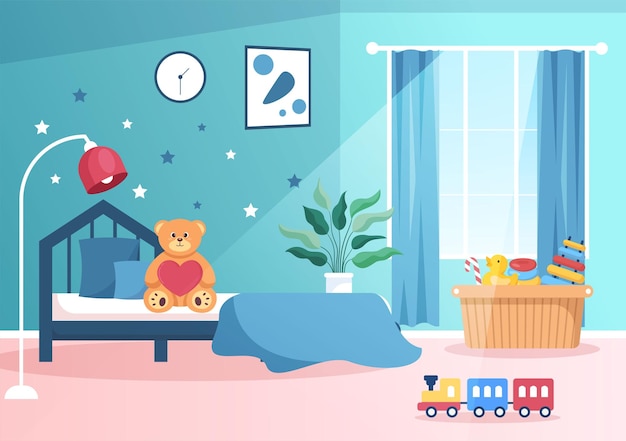 Gezellig kinderkamerinterieur met meubilair in moderne stijl in Cartoon vectorillustratie