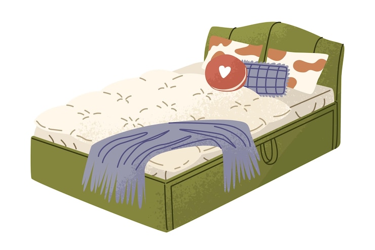 Vector gezellig leeg tweepersoonsbed met zachte groene bekleding lade en stijlvolle kussens slaapkamer decor gezellig interieur geïsoleerde vector illustratie in cartoon stijl