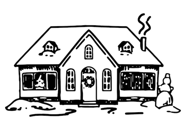 Gezellig winterhuis Doodle van besneeuwde landscène Handgetekende vectorillustratie Single outline clip art geïsoleerd op wit