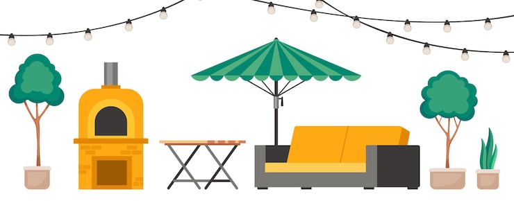 Vector gezellige achtertuin met vintage kegel open haard en planten in potten huis patio met meubels voor picknick en zonnebril met barbecue groene boom zomer landschap van de tuin vector cartoon illustratie