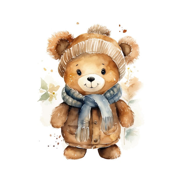 Gezellige aquarel teddybeer in muts en sjaal schattige illustratie boordevol warmte en schattigheid