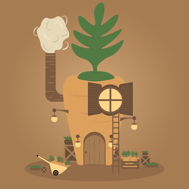 gezellige cartoon wortel huis vectorillustratie geïsoleerd op bruine achtergrond