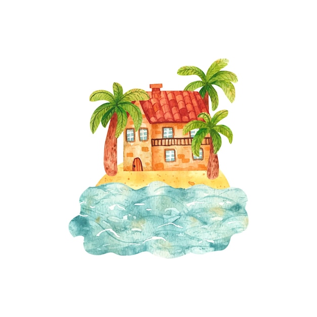 Gezellige handgetekende cartoon aquarel huizen van de stad aan het zandstrand Gebouwen en een kasteel met een toren en een klok aan de kust Illustratie van landschap natuur zomervakantie