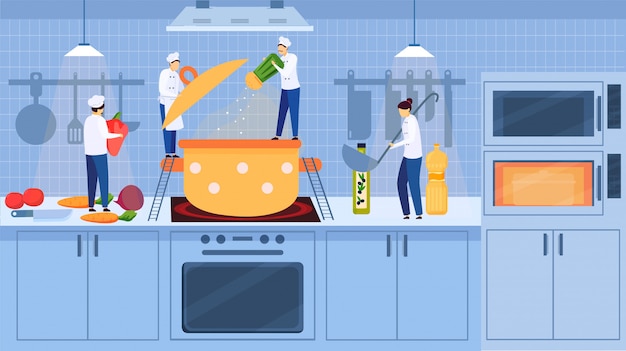 Vector gezellige keuken interieur met chef-koks kleine mensen koken soep in fornuis op fornuis, groenten, cartoon afbeelding.