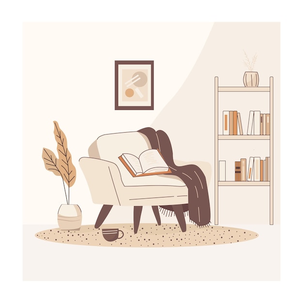 Gezellige leeshoek met fauteuil en boekenplank Perfect voor thema's van ontspanning in het huis