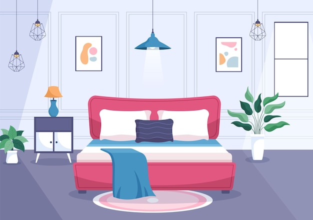 Gezellige slaapkamer interieur met meubels zoals bed kledingkast moderne stijl in cartoon vectorillustratie