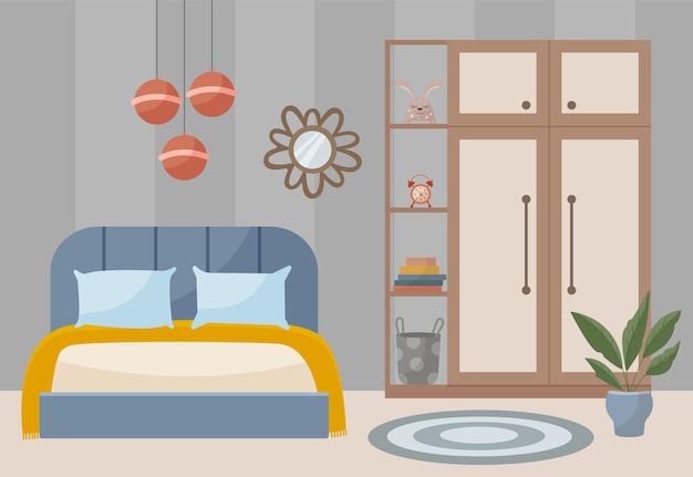 Gezellige slaapkamer Slaapkamer interieur bed tapijt lamp spiegel potplanten kledingkast Interieurconcept