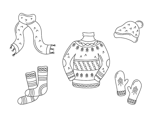 Gezellige warme kleding doodles set Winter ontwerpelementen geïsoleerd Hygge set schattig hand getrokken vectorillustratie van zwarte doodle gebreide sokken trui met ornament op witte achtergrond wollen kleding