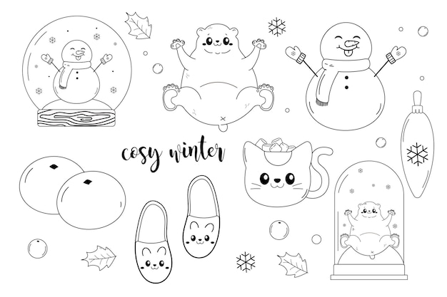 Gezellige winter linart set clipart ijsbeer sneeuwbol mandarijnen sneeuwpop pantoffels vectorillustratie