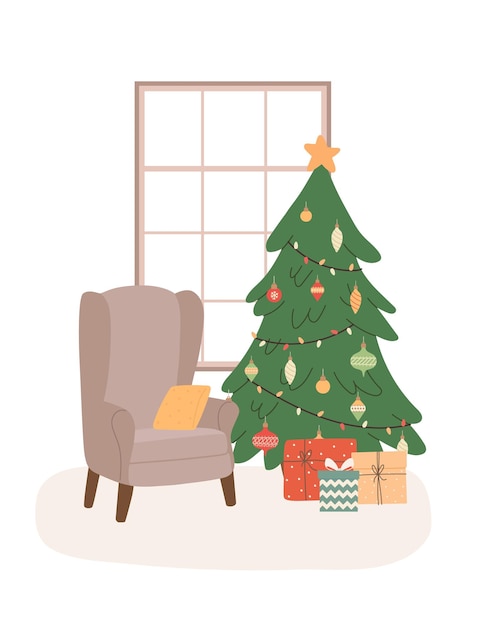 Gezellige woonkamer met kerstboom en cadeautjes. wintervakantie interieur met fauteuil en cadeautjes