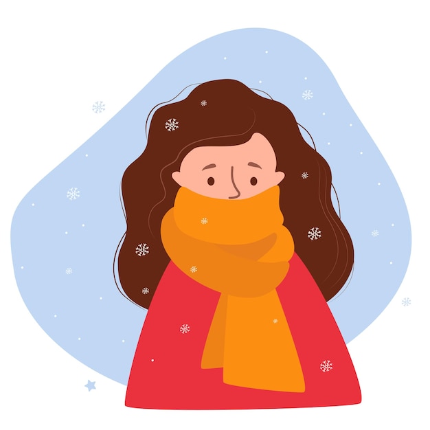 Gezicht van bevroren winter meisje schoonheid vrouw gewikkeld tot aan haar neus in warme sjaal