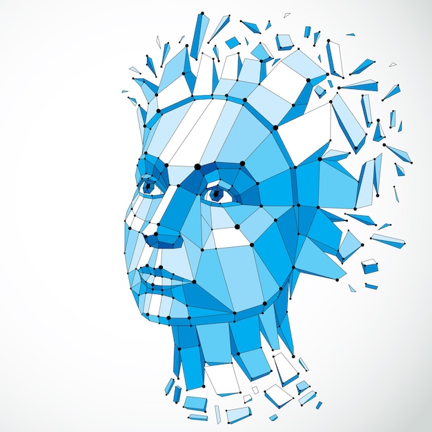 Vector gezicht van een denkende vrouw gemaakt in low poly-stijl en met verbonden lijnen, 3d-vector blauw draadframe menselijk hoofd, hersenen exploderen die intelligentie en verbeelding symboliseert.