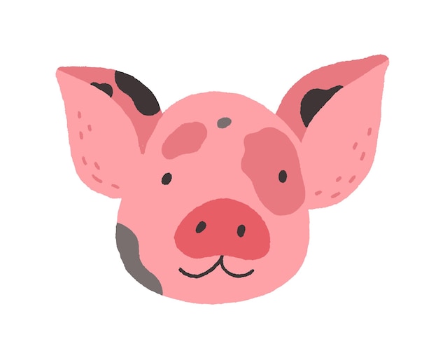 Gezicht van schattige baby mini varken. Grappige gelukkig biggen hoofd portret. Schattige varkenssnuit. Amusante boerderij dieren avatar in doodle stijl. Platte vectorillustratie geïsoleerd op een witte achtergrond