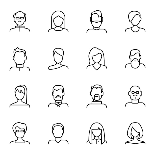 Gezicht Verschillende Types Tekenen Zwarte Dunne Lijn Icon Set Opnemen van Avatar User Portrait of Person Head Vector illustratie van Icons