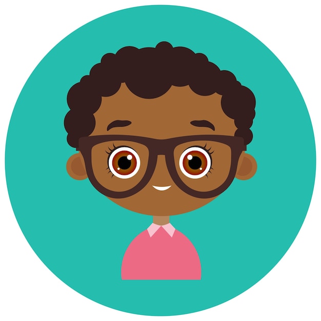 Gezichten Avatar in cirkel. Portret jonge Afro-Amerikaanse jongen met een bril. Platte cartoonstijl.