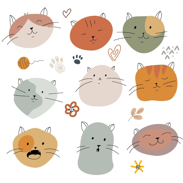 Gezichten van grappige katten Eenvoudige kittens van vlekken en lijnen Schattige dierenprint Vectorillustratie geïsoleerd op een witte achtergrond