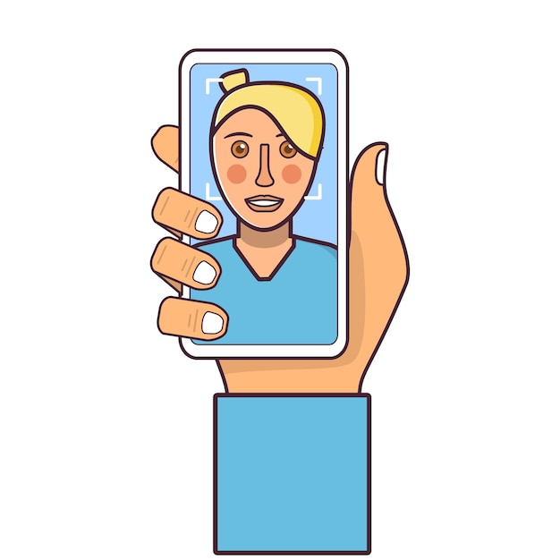 Gezichtsherkenning vrouwelijke Face ID Menselijke hand met smartphone Jong meisje blond