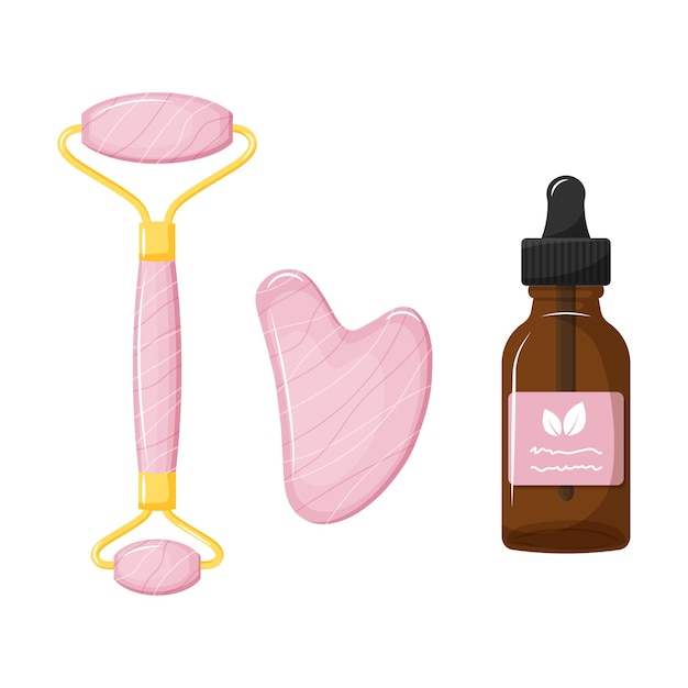 Vector gezichtsserum en gua sha massager gemaakt van rozenkwarts. thuis beauty huidverzorgingsroutine.