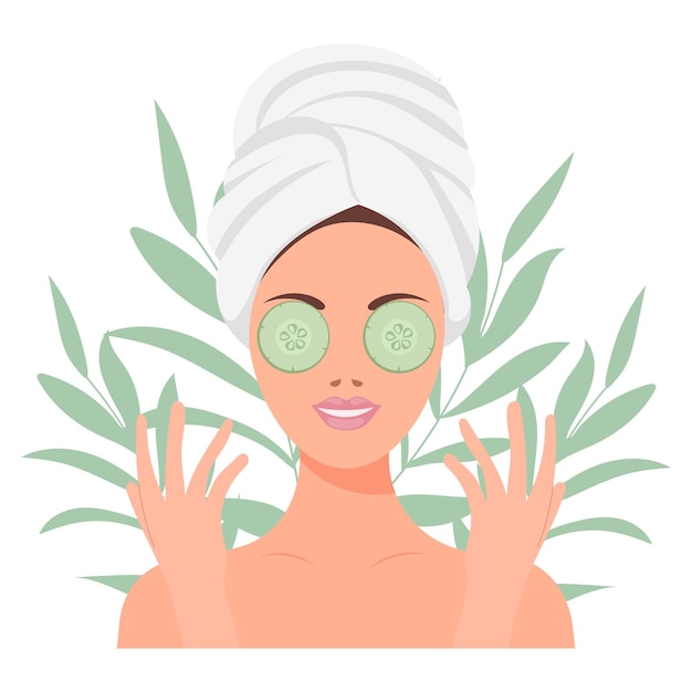 Vector gezichtsverzorging een vrouw verzorgt haar huid cosmetische maskers patches crème lotion zeep gezicht