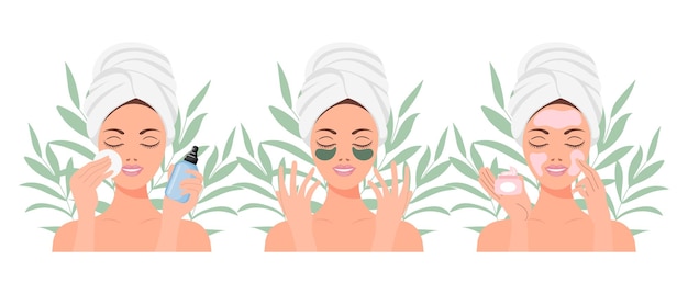 Vector gezichtsverzorging een vrouw verzorgt haar huid cosmetische maskers patches crème lotion zeep gezicht