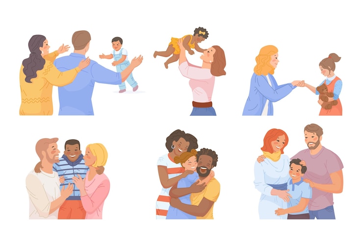 Vector gezin kinderen adoptie multiculturele ouders adopteren kind geadopteerd kind liefde pleeg weeskinderen liefdadigheid relatie moeder zorg voogd samenleving ondersteuning chic vector